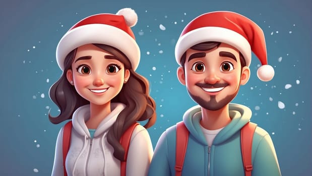 Christmas cute girl and man. Couple of young people woman and man happiness smile face positive emotions. Isolated Holiday New year cartoon 3d character couple of young people.