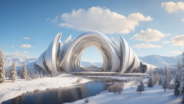 Futuristic landscape of a future city in winter. High quality photo