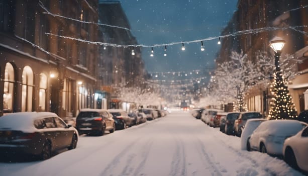 Blurred background. City view, lights, falling snow, night, street, bokeh spots of headlights of moving cars. Diffuse Urban backdrop winter scenery of street in city at night. Lantern light, snowfall. High quality photo