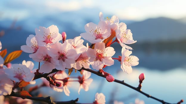 Close-up of sakura flowers on a tree branch during morning sunrise, AI generated.