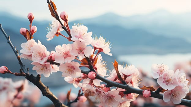 Close-up of sakura flowers on a tree branch during morning sunrise, AI generated.