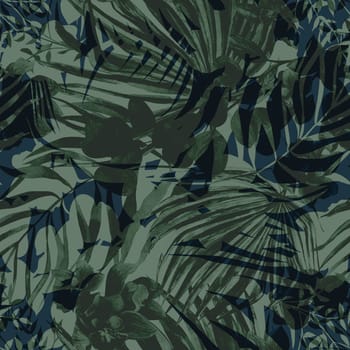 Seamless monochrome pattern with tropical silhouettes of tropical plants in night tropics style