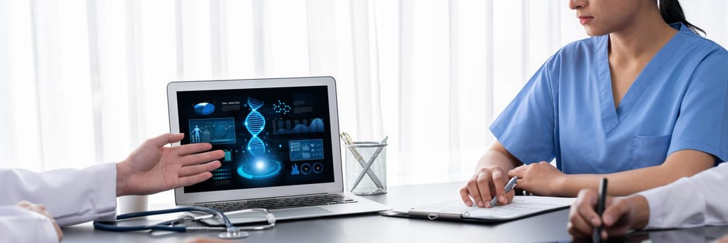 Group of doctor or researcher studying genetic disease in DNA with laptop, analyze genetic data, formulate medical treatment strategies, and develop healthcare plan with innovative solution. Neoteric