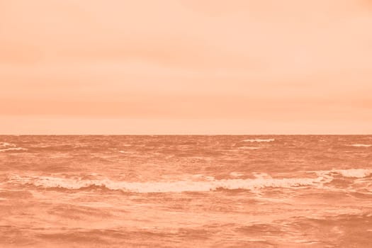 Peach fuzz toned sea beach. North sea. Stormy weather: strong waves, gloomy sky, sea foam. Trendy colour 2024. High quality photo