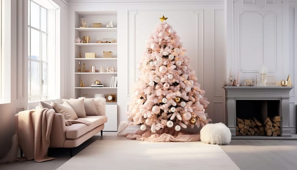 Christmas tree in a minimalist interior, Beautifully decorated with peach and gold decorations, a large cozy chair, a luxurious window in the interior, high quality photo