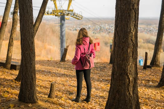 Back view of a girl walking on autumn park in fall season. Millennial generation and youth.