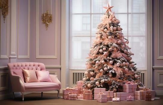 luxurious living room with a large window and a Christmas tree beautifully decorated with peach and gold decorations, a large cozy sofa, a bunch of boxes with gifts, high quality photo