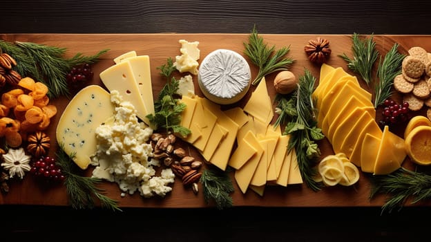 large board with different cheeses and fruits on the holiday table, plate for Christmas, a flat lay composition with snacks, a large assortment of delicacies on a wooden background,High quality photo