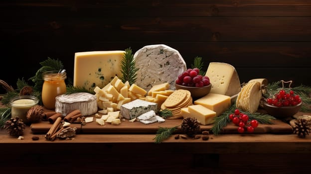 large assortment of savory cheese delicacies for tasting on a wooden background, cold appetizers for a large group of friends for the New Year holiday, high quality photo