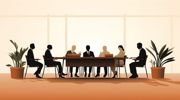 illustration of people sitting around a table. flat shapes - business and teamwork concept - business and teamwork concept - AI generative