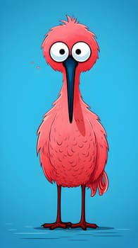 A lively funny cartoon flamingo bird sketched in vibrant colors on blue background