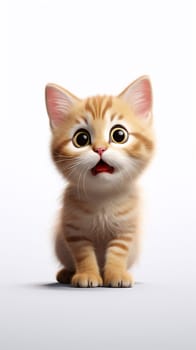 An orange kitten with open mouth and big eyes looks at the camera against white background - generative AI