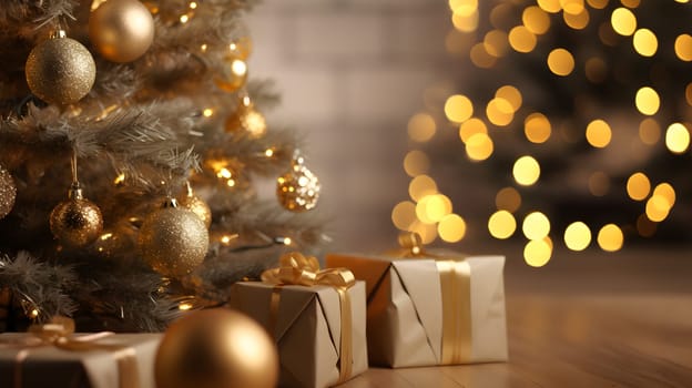 A sparkling tree stands tall, adorned with twinkling lights and shimmering ornaments, creating a warm and festive atmosphere indoors as presents await to be unwrapped on christmas morning - generative AI