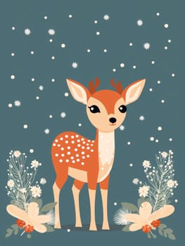 A whimsical illustration of a baby reindeer - Christmas background - generative AI