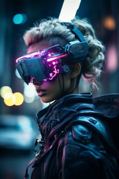 A daring cyber punk girl roams the futuristic streets, her leather jacket and virtual reality goggles embodying a rebellious fusion of fashion and technology - generative AI