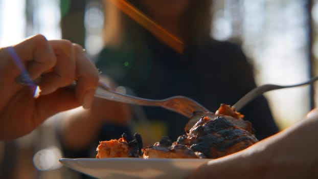 Man holding plate with chicken pieces. Stock footage. Close-up of grilled chicken pieces is placed on plate. Grilled chicken cooked on barbecue in forest on sunny summer day.