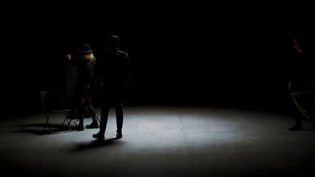 Theatrical production. Stock footage. A dark room with various accessories for the theater and actors. High quality 4k footage
