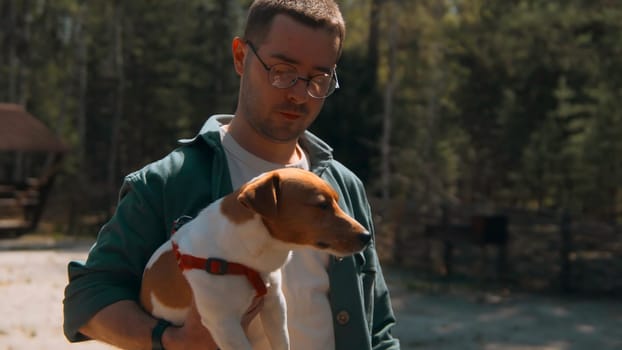 Man holds dog in hands in woods. Stock footage. Man holds Jack Russell terrier in arms. Man holds dog in arms in park on sunny summer day.