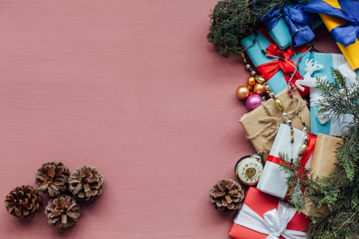 Christmas card decor for the new year on a pink background