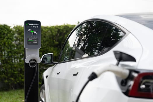 Closeup EV charger plug handle attached to electric vehicle port, recharging battery from charging station. Modern designed EV car and clean energy sustainability for better future concept. Synchronos