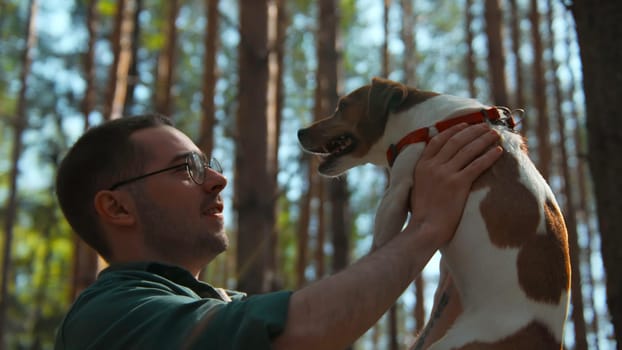 Man holds dog in hands in park. Stock footage. Man happily holds dog in arms in sunny forest. Happy owner keeps dog on background of sun in summer park.