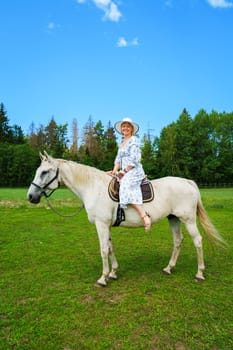 A stunning young woman with flowing hair enjoying a leisurely ride on a graceful white horse amidst picturesque countryside on a radiant, sunlit summer day.