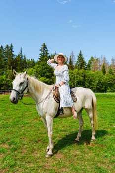 A serene and tranquil scene of a young woman riding a magnificent white horse in the golden glow of a sunlit summer day, with lush greenery in the background.