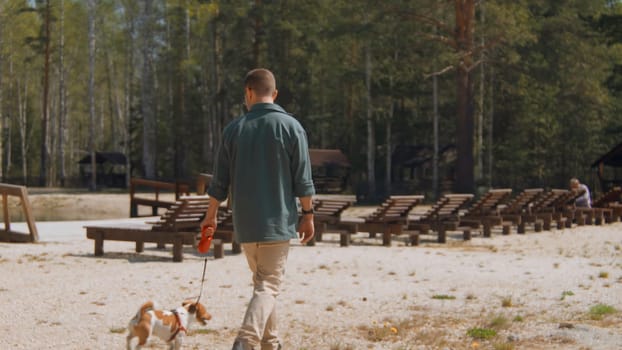 Man walks with dog on beach in woods. Stock footage. Man walks with his dog on sand at resort in summer. Man with dog walking on shore of pond in forest on sunny summer day.