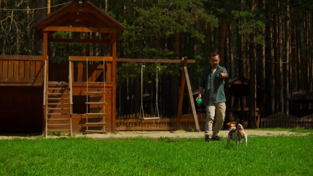 Man plays ball with dog in park. Stock footage. Man is playing ball with dog on green grass with recreation area. Outdoor activities with dog on sunny summer day.