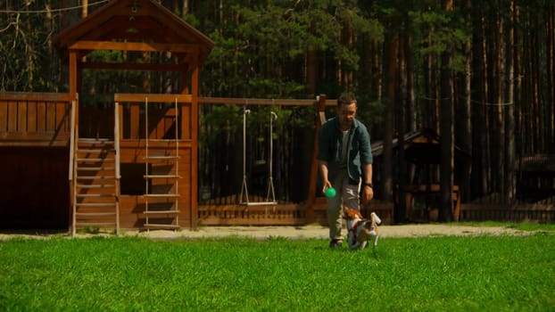 Man plays ball with dog in park. Stock footage. Man is playing ball with dog on green grass with recreation area. Outdoor activities with dog on sunny summer day.