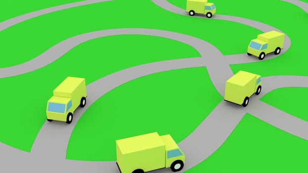 Yellow truck deliver parcels on road 3d render