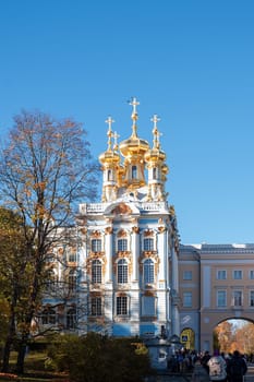 Pushkin, St. Petersburg, Russia - October 21, 2023. View of a fragment of the Catherine Palace in Catherine Park.