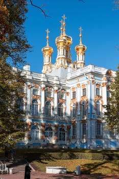 Pushkin, St. Petersburg, Russia - October 21, 2023. View of a fragment of the Catherine Palace in Catherine Park.