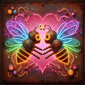 steampunk bee king and queen in love neon sign valentines illustration concept rusty background generative ai art