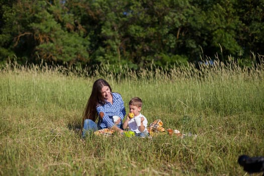 mom with her son on a picnic rest in nature