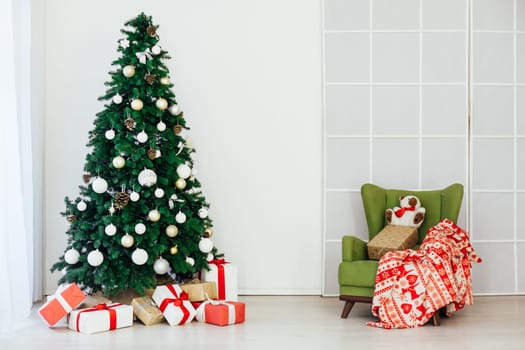 Christmas tree with gifts new year interior decor as background