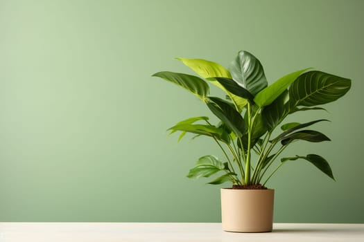 potted plant on pastel green background. Houseplant for minimal creative home decor concept.