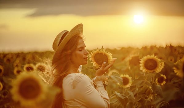 Beautiful middle aged woman looks good in a hat enjoying nature in a field of sunflowers at sunset. Summer. Attractive brunette with long healthy hair