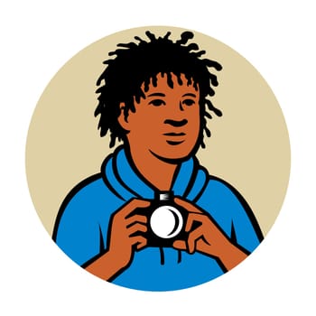 Retro style illustration of an African American boy photographer holding a digital camera viewed from front set inside circle on isolated background.
