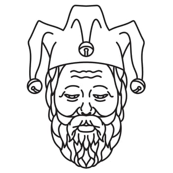 Mono line illustration of head of Socrates, a Greek  Philosopher sleepy-eyed wearing court jester hat cap with droopy sleepy eyes front view done in monoline line art style.
