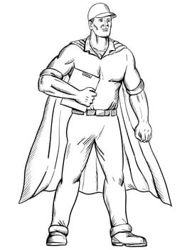 Drawing sketch style illustration of a worker as a superhero wearing a cape and holding a clipboard standing viewed from front on isolated white background black and white.