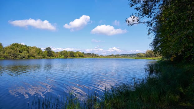 Beautiful summer landscape with river, trees and blue sky with clouds