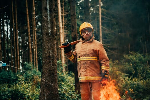 Firefighter at job. Firefighter in dangerous forest areas surrounded by strong fire. Concept of the work of the fire service. H