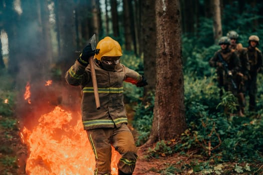 firefighter hero in action danger jumping over fire flame to rescue and save.