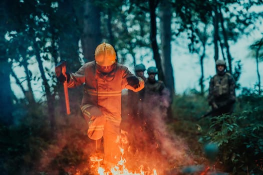 firefighter hero in action danger jumping over fire flame to rescue and save.