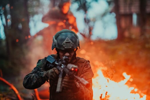 A soldier fights in a warforest area surrounded by fire.