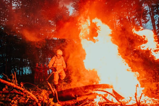 firefighter hero in action danger jumping over fire flame to rescue and save.