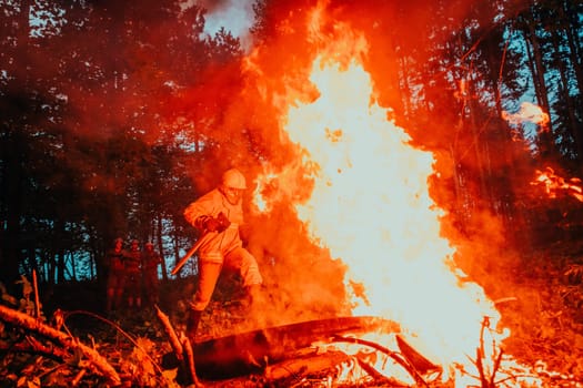 firefighter hero in action danger jumping over fire flame to rescue and save.