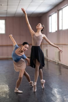 Two Asian ballerinas are dancing in the class