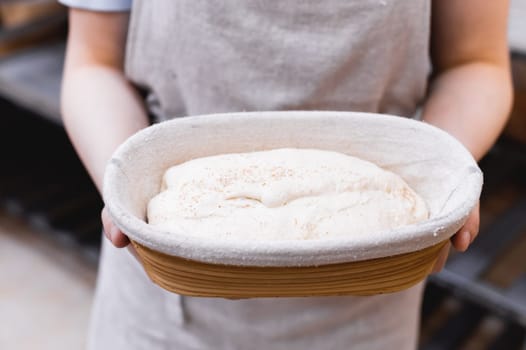 Close-up of hands holding a tray, with a ball of dough, preparing bread before baking. The process of creating bread in a bakery.